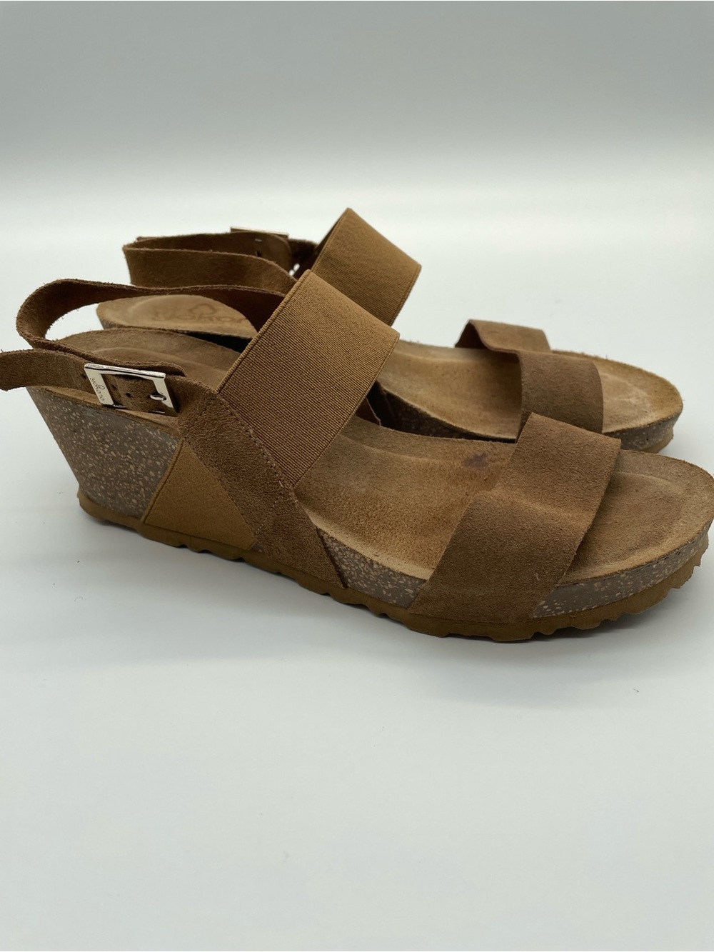 Gomo Suede Comfort Wedge Sandals Brown Leather Cork Platform Approx US 7.5-8
